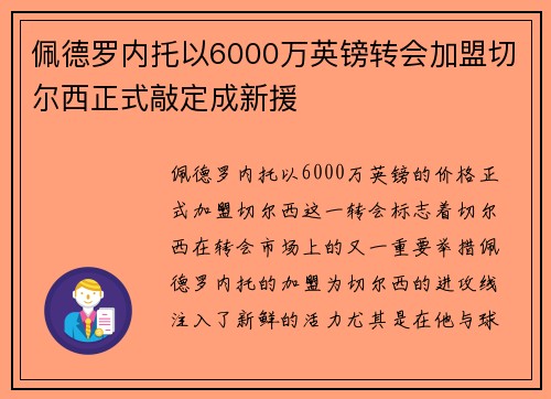 佩德罗内托以6000万英镑转会加盟切尔西正式敲定成新援 佩德罗内托以6000万英镑转会加盟切尔西正式敲定成新援