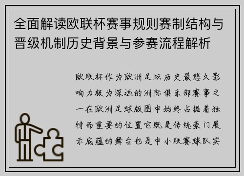 全面解读欧联杯赛事规则赛制结构与晋级机制历史背景与参赛流程解析 全面解读欧联杯赛事规则赛制结构与晋级机制历史背景与参赛流程解析